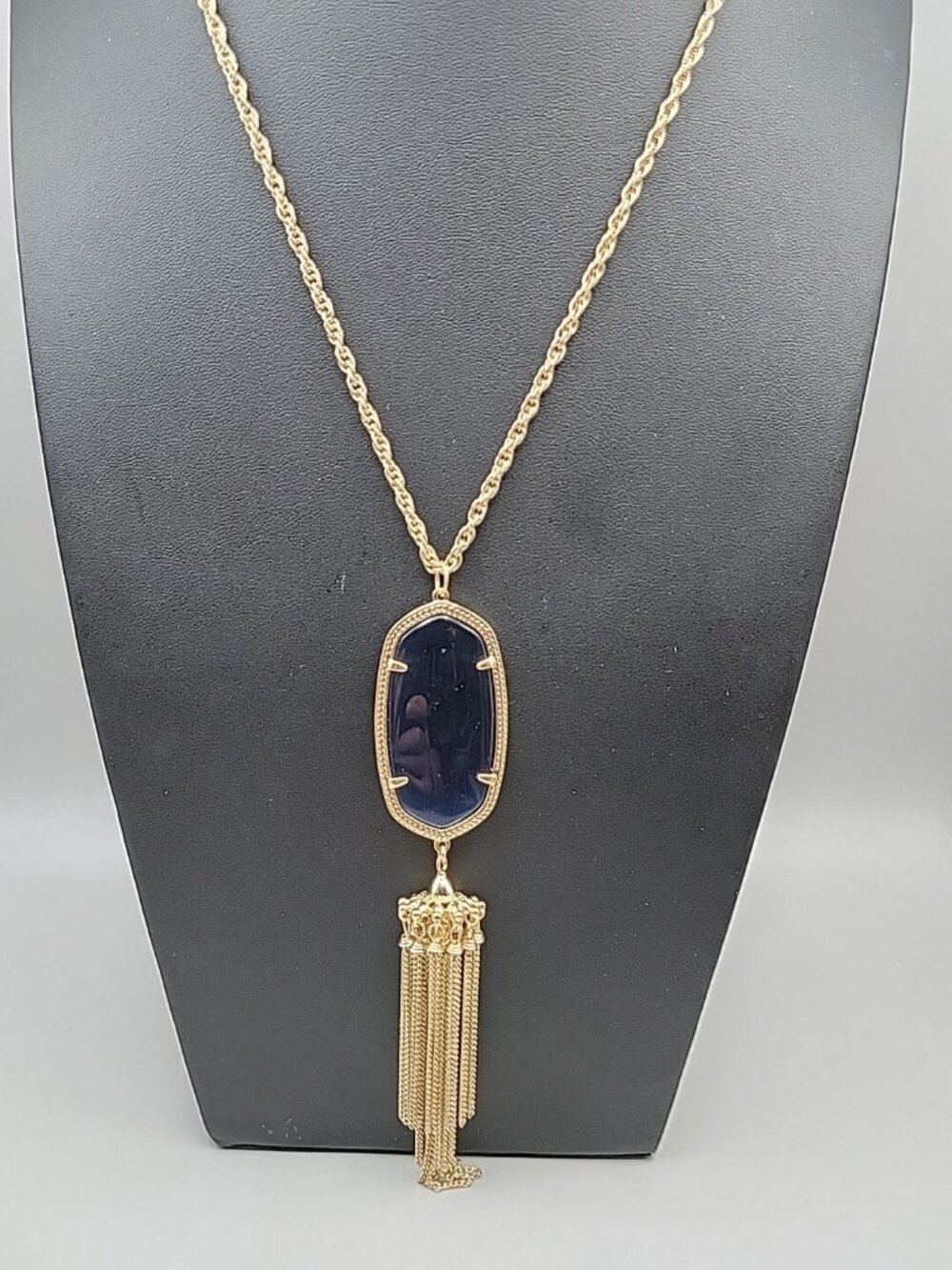Kendra Scott Rayne Necklace 14kgp Navy Blue Faux Cats Eye Tassel Pendant 30" - Picture 2 of 14